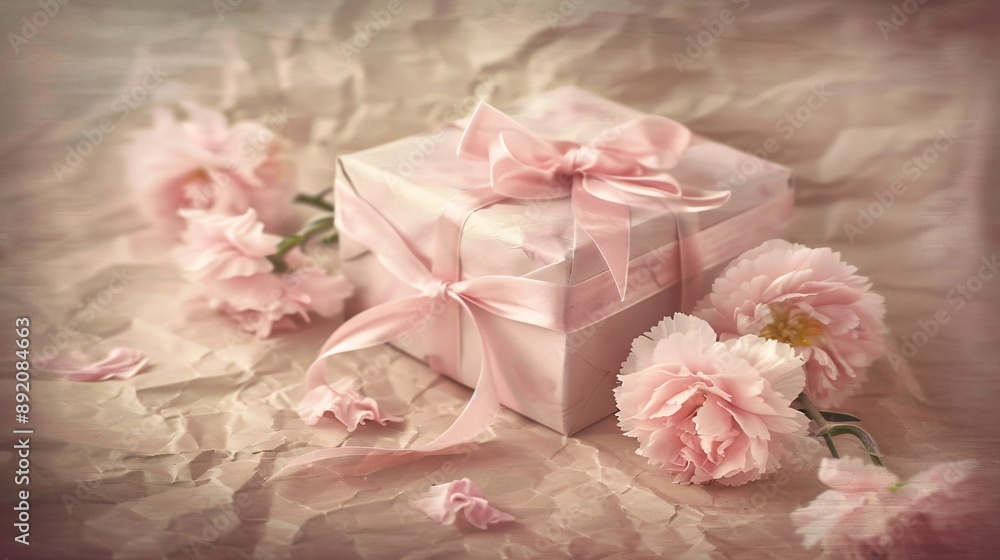 2. A beautifully wrapped gift box with a pastel pink ribbon, nestled among soft pink carnations on a textured, crumpled paper background, evoking a sense of elegance and charm 2. A beautifully wrapped gift box with a pastel pink ribbon, nestled among soft pink carnations on a textured, crumpled paper background, evoking a sense of elegance and charm