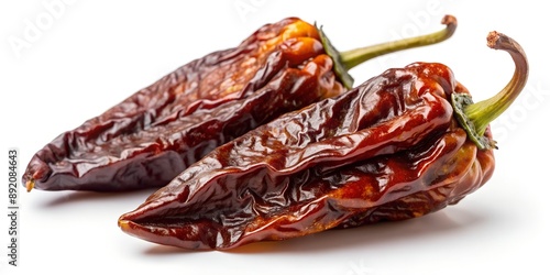 Pair of smoked Mexican chile chipotle Morita pepper isolated on white background close up AI Generative photo