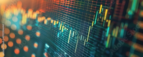Abstract financial graph background with colorful data points and lines representing market trends and economic analysis.