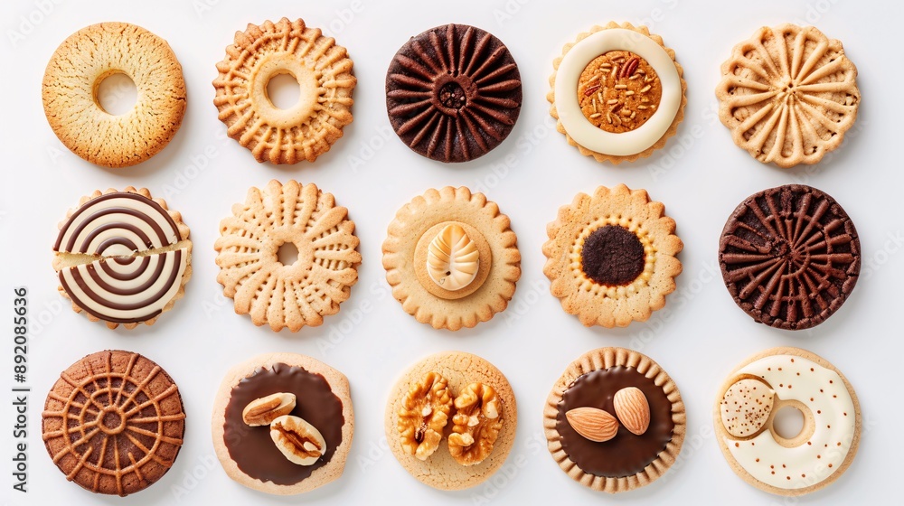 1. A collection of round cookies and biscuits, featuring both classic and nut varieties, arranged on a white background, each cookie with a unique design, perfect for a mockup template 1. A collection of round cookies and biscuits, featuring both classic and nut varieties, arranged on a white background, each cookie with a unique design, perfect for a mockup template