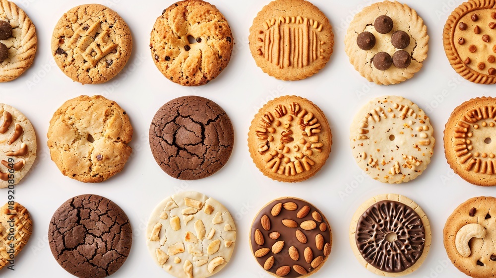 1. A collection of round cookies and biscuits, featuring both classic and nut varieties, arranged on a white background, each cookie with a unique design, perfect for a mockup template 1. A collection of round cookies and biscuits, featuring both classic and nut varieties, arranged on a white background, each cookie with a unique design, perfect for a mockup template