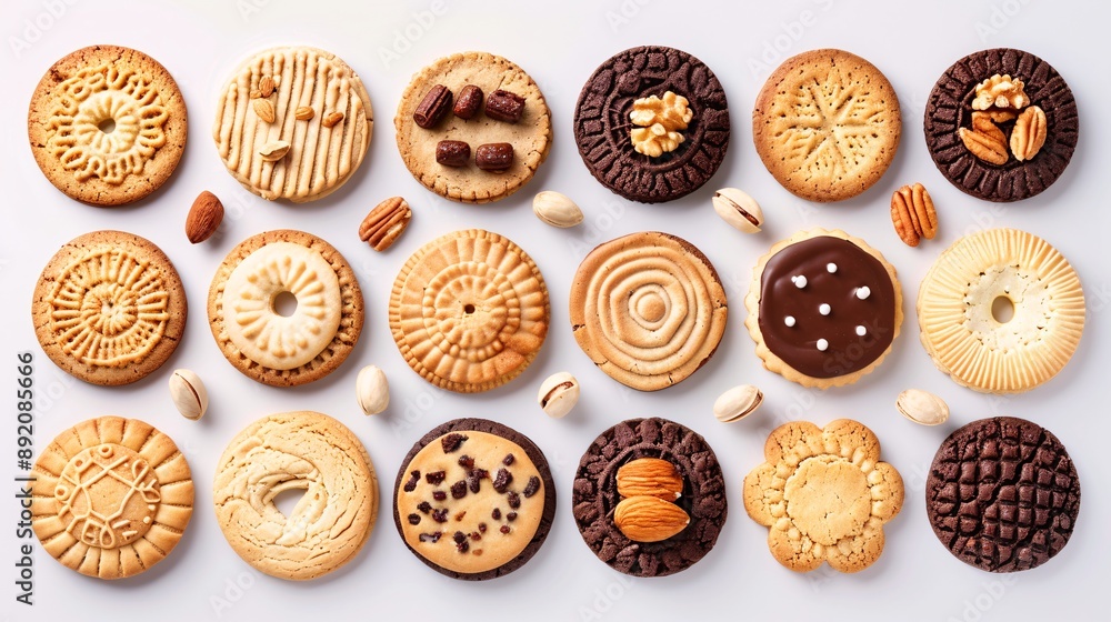 3. A variety of round cookies and biscuits, showcasing classic and nutty designs, laid out on a plain white background, creating a mockup template for design purposes 3. A variety of round cookies and biscuits, showcasing classic and nutty designs, laid out on a plain white background, creating a mockup template for design purposes