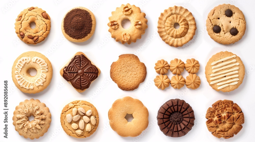 2. An assortment of different round cookies and biscuits, including classic and nut options, displayed on a white background in a cutout style, ideal for artwork design mockups 2. An assortment of different round cookies and biscuits, including classic and nut options, displayed on a white background in a cutout style, ideal for artwork design mockups