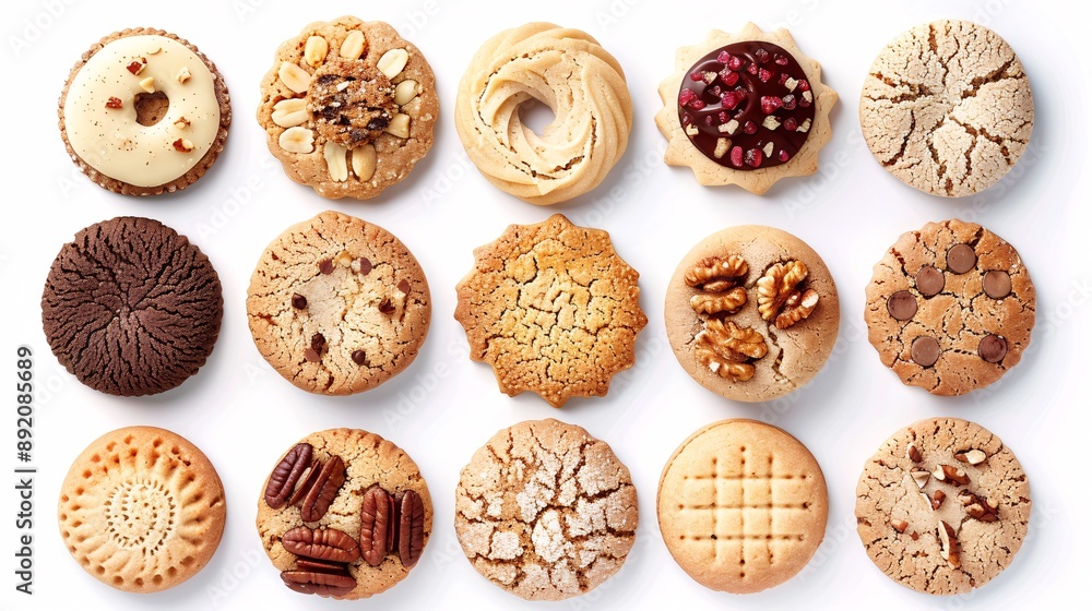 4. A selection of round cookies and biscuits, with a mix of classic and nut flavors, set against a white background, each cookie distinctly designed, suitable for a mockup template 4. A selection of round cookies and biscuits, with a mix of classic and nut flavors, set against a white background, each cookie distinctly designed, suitable for a mockup template