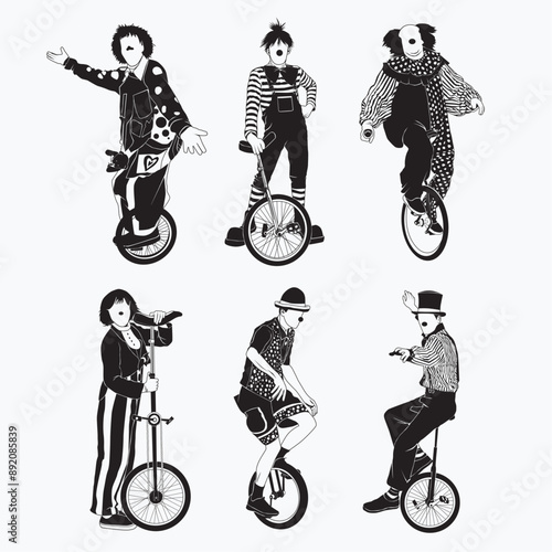 A unicycle clown performs a stunt