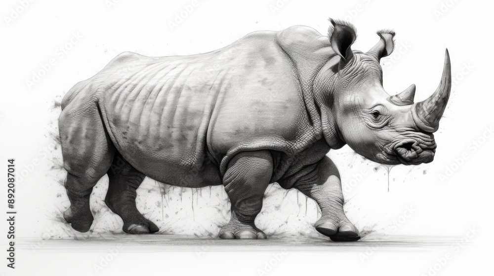 White Rhino in Motion, Graphite Drawing White Rhino in Motion, Graphite Drawing