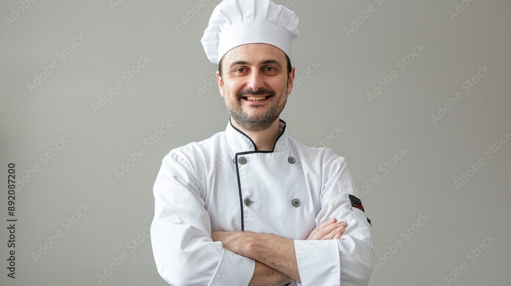 Chef in professional attire smiling with arms crossed, clear and clean background Chef in professional attire smiling with arms crossed, clear and clean background
