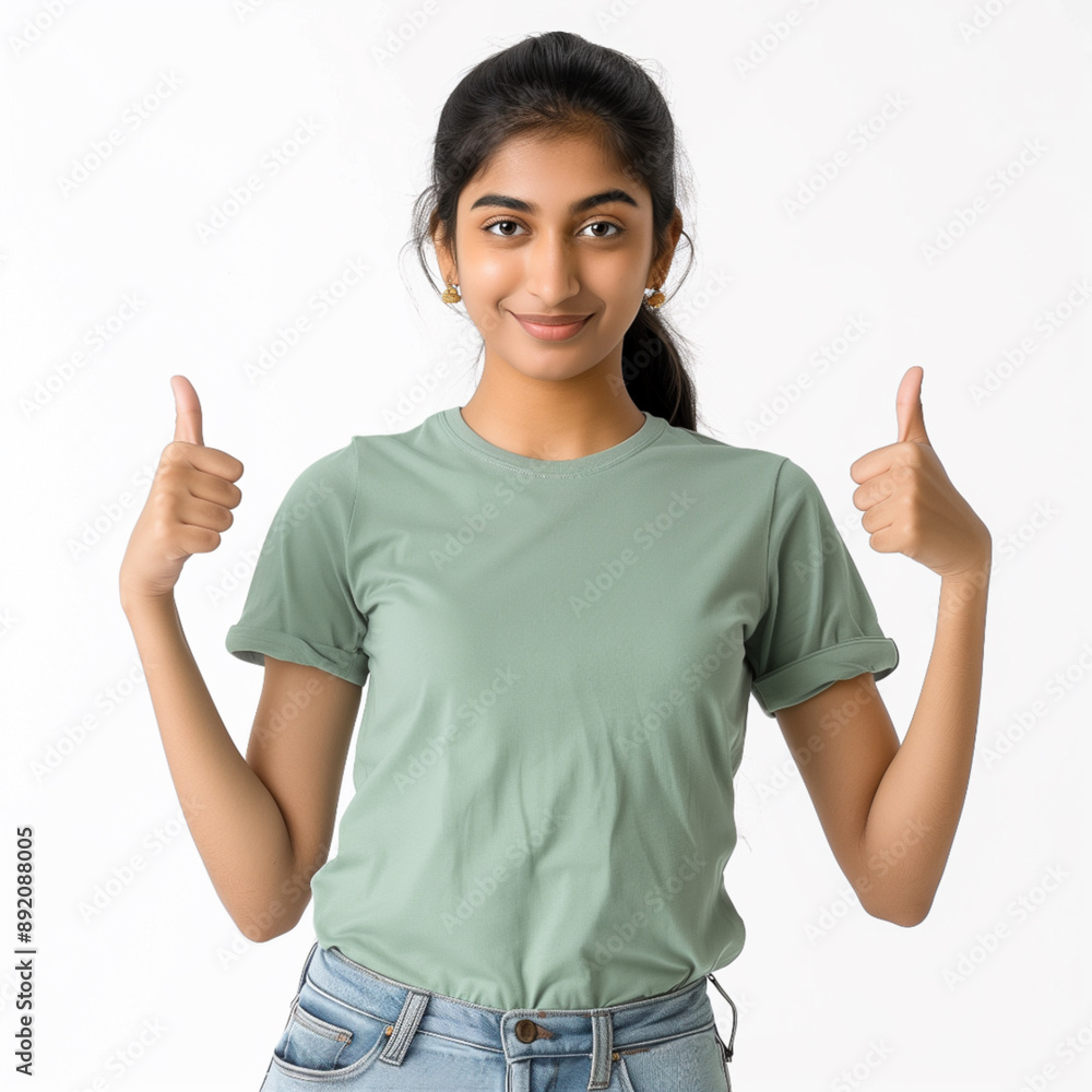 Beautiful Indian model, thumbs up, confident pose, light green t-shirt and jeans. Beautiful Indian model, thumbs up, confident pose, light green t-shirt and jeans.