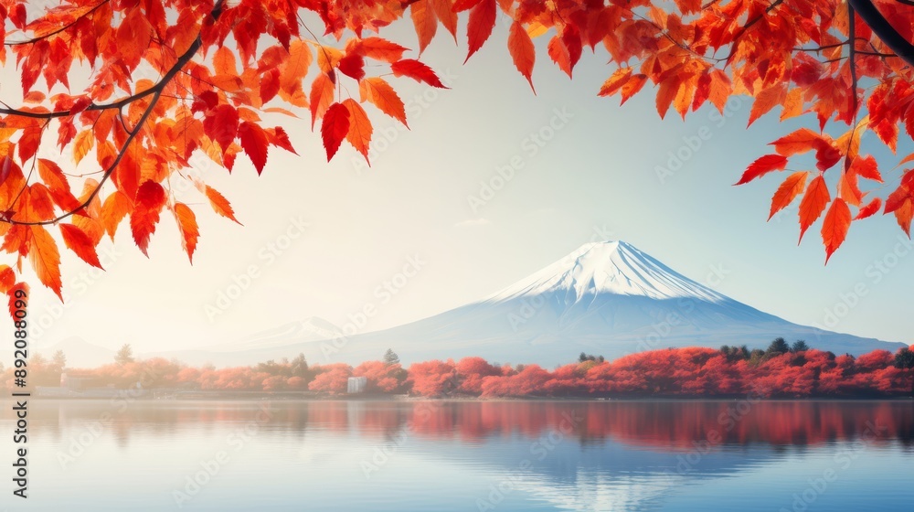 Obraz premium Colorful autumn leaves framing Mount Fuji with morning mist, vibrant fall foliage in Japan