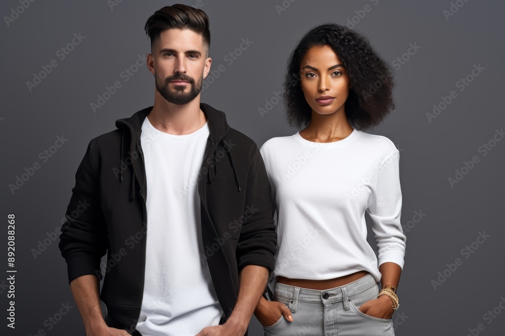 Confident multiethnic couple posing in urban style Isolated on white background Confident multiethnic couple posing in urban style Isolated on white background