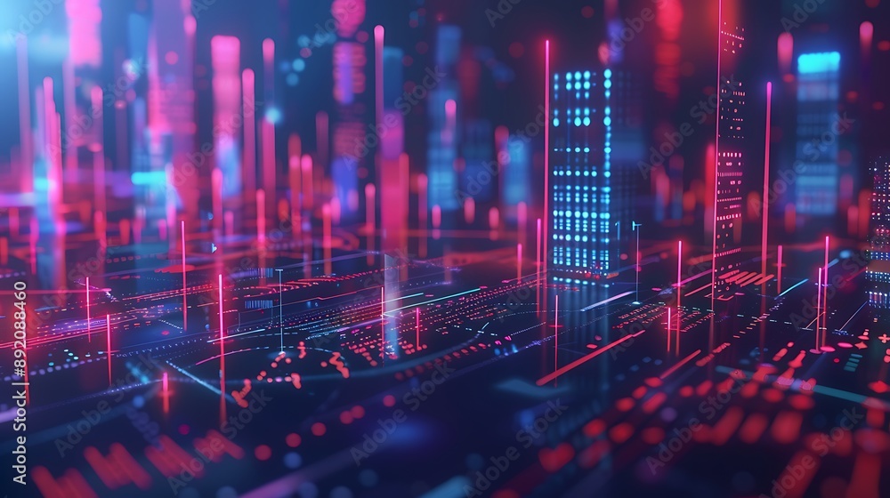 Abstract Digital Cityscape with Neon Lights a digital rendering. Abstract Digital Cityscape with Neon Lights a digital rendering.