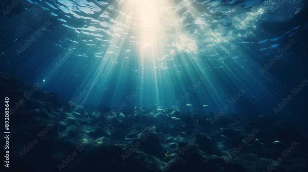 Deep blue ocean from below, sunlight streaks through water Deep blue ocean from below, sunlight streaks through water