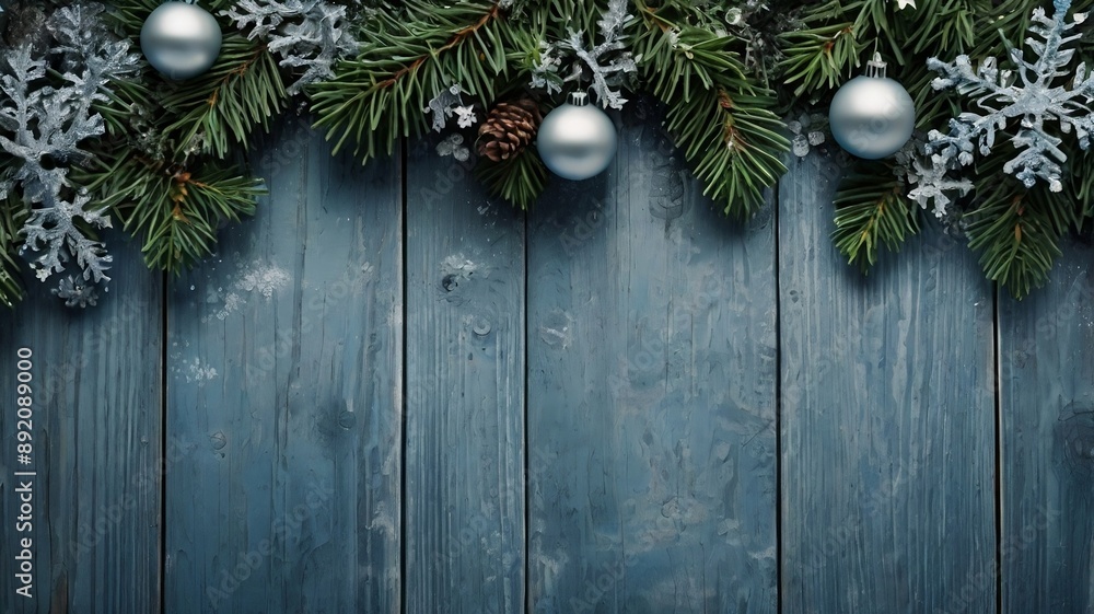Christmas or winter theme blue wooden background with snow ornaments and green plants. design free copyspace area. generative ai Christmas or winter theme blue wooden background with snow ornaments and green plants. design free copyspace area. generative ai