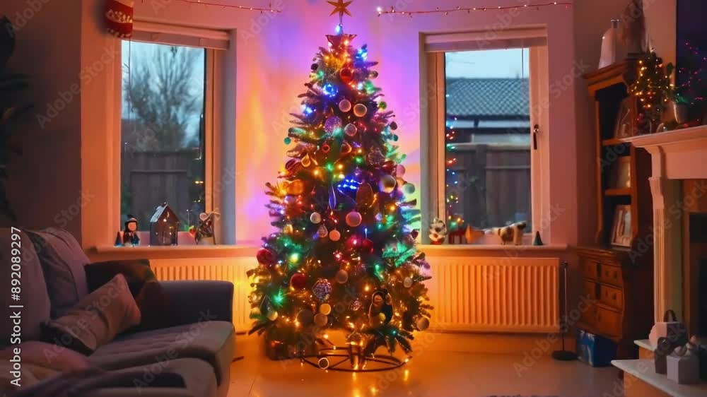 Festively Decorated Christmas Tree with Fairy Lights in Cozy Living Room Festively Decorated Christmas Tree with Fairy Lights in Cozy Living Room