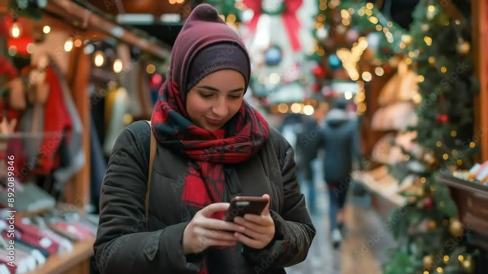 Young Female Tourist in Hijab Using Phone at Christmas Market