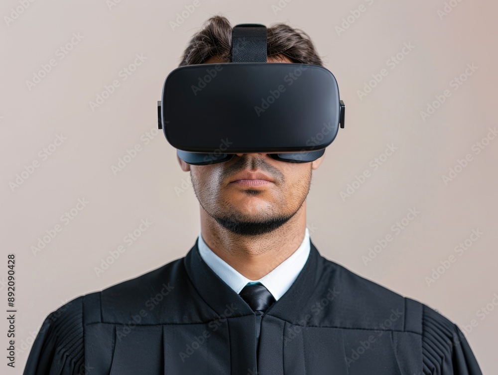 A person wearing a virtual reality headset in a formal robe, showcasing technology's impact on modern professions. A person wearing a virtual reality headset in a formal robe, showcasing technology's impact on modern professions.