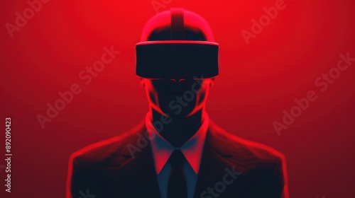 A mysterious figure in a suit wearing virtual reality goggles against a dramatic red backdrop, symbolizing technology and immersion.