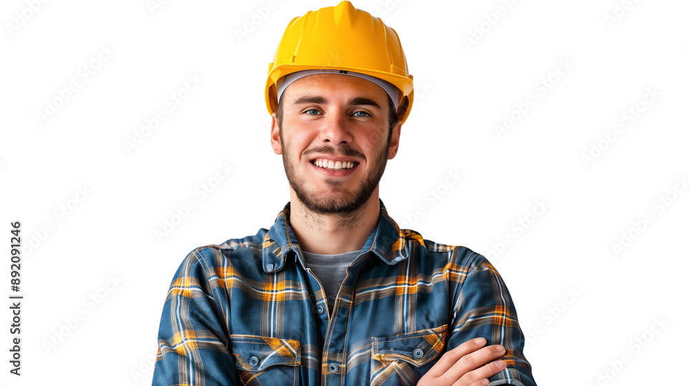 Portrait of a smiling construction worker wearing helmet isolated on white background Portrait of a smiling construction worker wearing helmet isolated on white background
