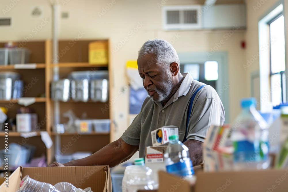 Elderly man sorting donated goods in a community center. Volunteer work, community service, donations, charity, elder care. Elderly man sorting donated goods in a community center. Volunteer work, community service, donations, charity, elder care.