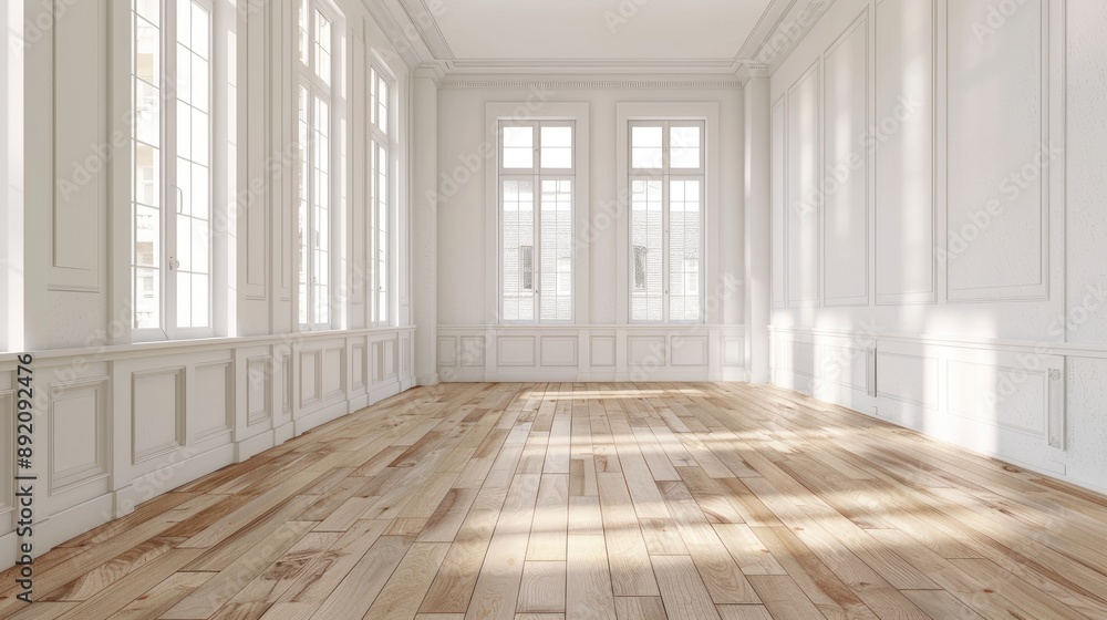 Obraz premium Renovated white room with windows and hardwood floor New apartment available to rent or buy