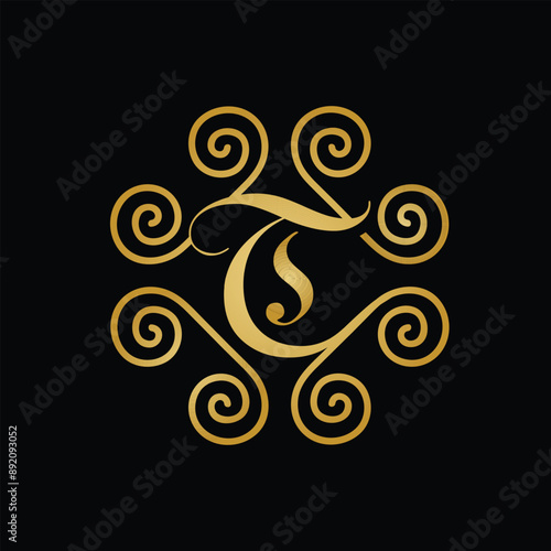 A classic logo of initial letter T in classic serif font inside a classic diamond shape that looks elegant and expensive in gold color on a black background as a jewelry product logo 

