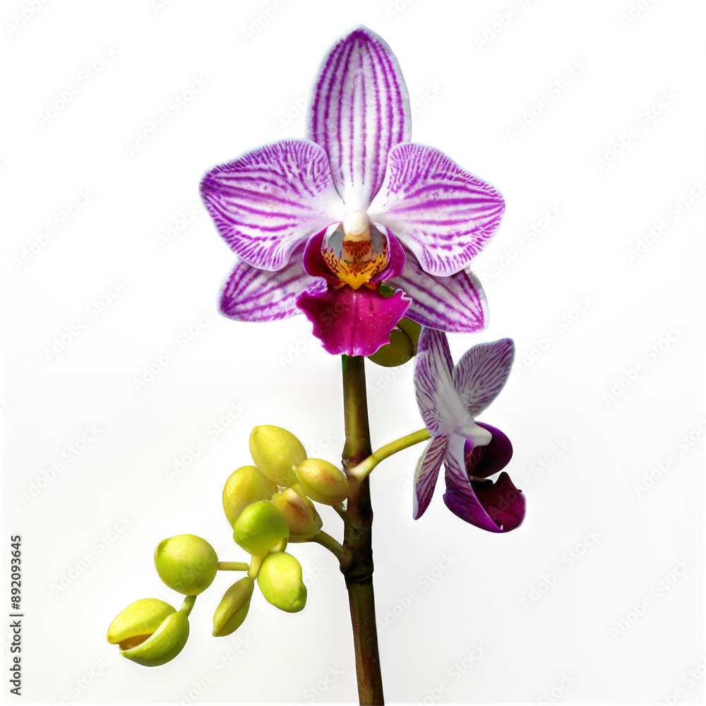 Obraz premium Close-up of a vibrant purple and white orchid flower with budding blossoms on a natural blurred background.