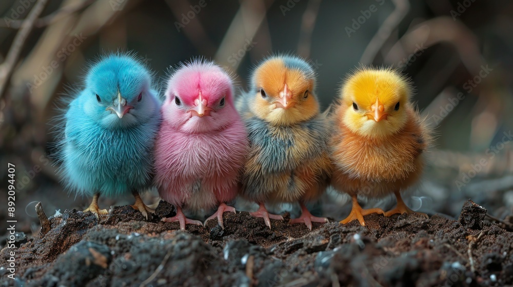 Naklejka premium Active Quartet of Colorful Chicks