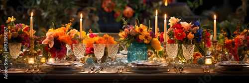 Exquisite Floral Centerpiece amid Lit Candles Effusing Sophistication and Grandeur photo