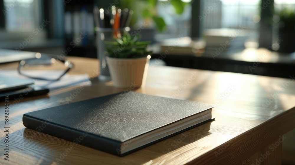 Close up of a black notebook on a desk with natural light and copy space Close up of a black notebook on a desk with natural light and copy space