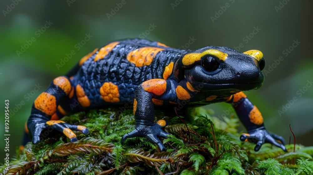 Fototapeta premium Moss-Covered Tree Dwelling Fire Salamander with Yellow Spots and Stripes in Natural Habitat