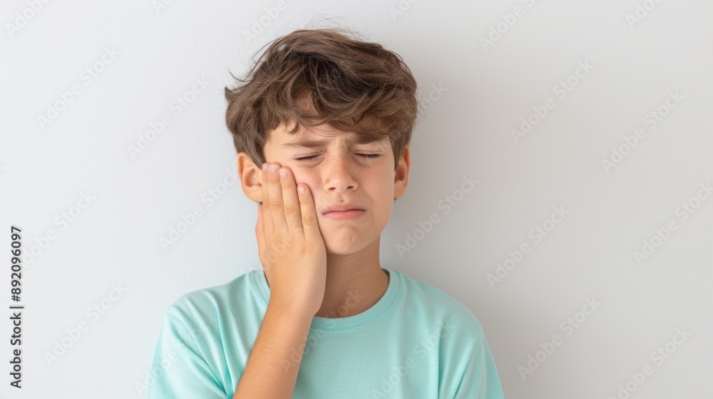 A child with a pained expression, holding his jaw, indicating tooth pain. A child with a pained expression, holding his jaw, indicating tooth pain.