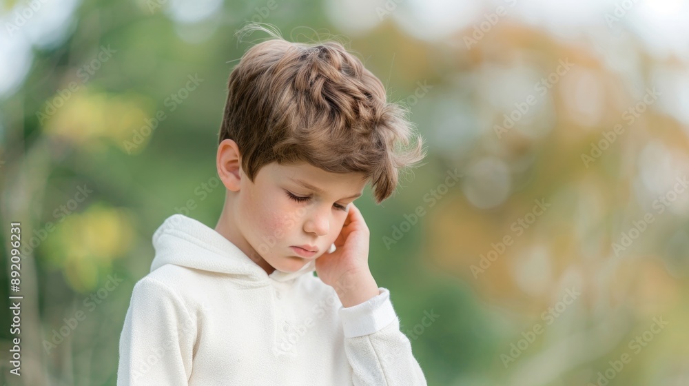 A child with a pained expression, holding his jaw, indicating tooth pain. A child with a pained expression, holding his jaw, indicating tooth pain.