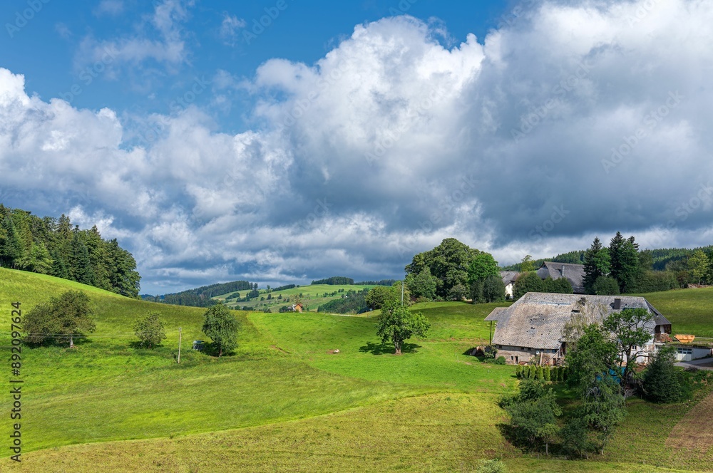 Scenic view of a countryside landscape with green fields, scattered houses Scenic view of a countryside landscape with green fields, scattered houses