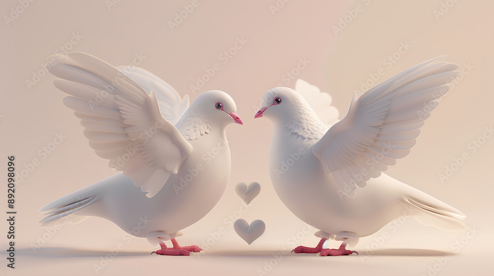 Fototapeta premium 3D render of cute white doves with pink feet, wings spread