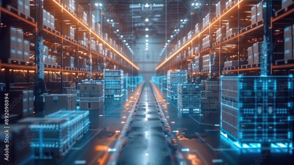 Futuristic High-Tech Logistics Center with AI-Powered Inventory Systems, Optimized Warehouse Operations - 3D Render, Generative Ai Futuristic High-Tech Logistics Center with AI-Powered Inventory Systems, Optimized Warehouse Operations - 3D Render, Generative Ai