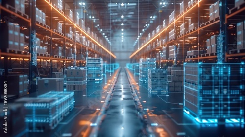 Futuristic High-Tech Logistics Center with AI-Powered Inventory Systems, Optimized Warehouse Operations - 3D Render, Generative Ai