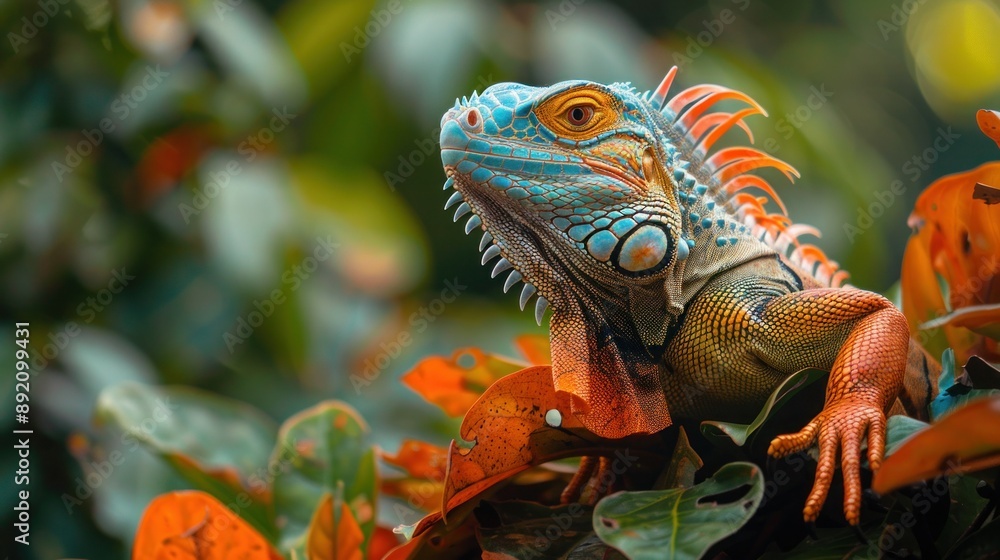 Green Iguana Perching on Tree Branch in Tropical Forest Habitat Green Iguana Perching on Tree Branch in Tropical Forest Habitat