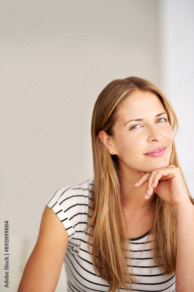 Woman, thinking and portrait on sofa for peace, weekend planning and mindfulness at home. Female homeowner, break and happy in living room for inspiration, interior design and changes in Australia Woman, thinking and portrait on sofa for peace, weekend planning and mindfulness at home. Female homeowner, break and happy in living room for inspiration, interior design and changes in Australia