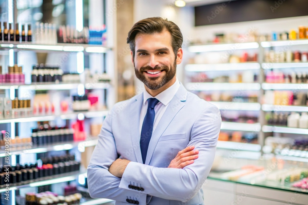 A man in a suit and tie stands in front of a cosmetics store A man in a suit and tie stands in front of a cosmetics store