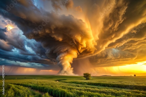 A tornado is seen in the distance, with a bright orange sky in the background