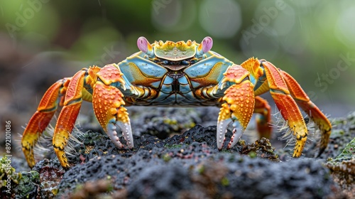 Vibrant Sally Lightfoot Crab on Mossy Rock at Bachas Beach, Galapagos Islands, Ecuador