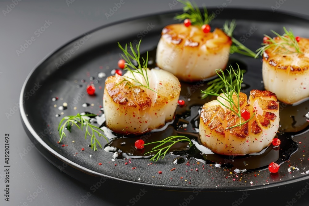 plate of four scallops with parsley and pepper plate of four scallops with parsley and pepper