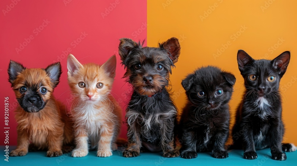 Furry Friends Collage: Dogs and Cats Headshots on Multicolored Background of Bright Colors Furry Friends Collage: Dogs and Cats Headshots on Multicolored Background of Bright Colors