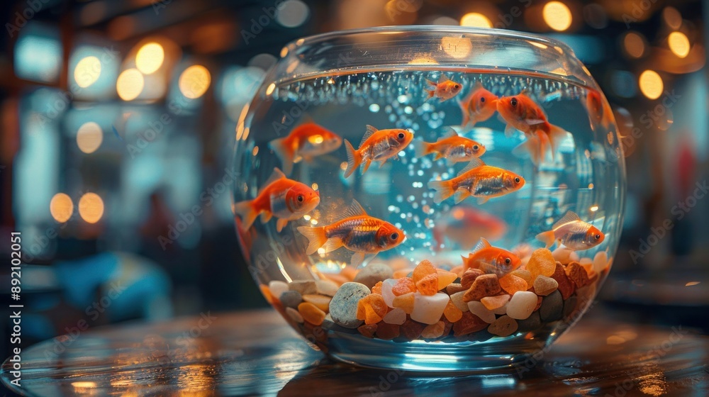 Colorful Freshwater Fish and Snails in Small Home Aquarium on Wooden Table Colorful Freshwater Fish and Snails in Small Home Aquarium on Wooden Table