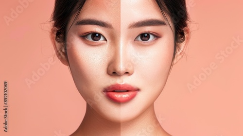 Asian Woman Face Makeup Transformation. Before and After Skincare with Face Whitening Cream Highlighting Perfect Skin