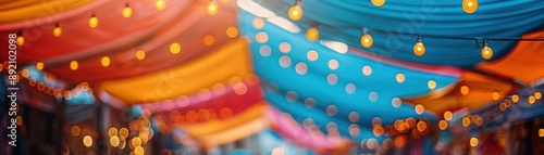 Colorful fabric canopy with lights and blurred background.