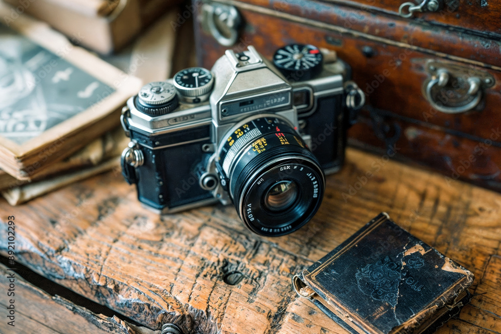Rustic Cameras Vintage film camera on rustic wooden surface with antique books and ...