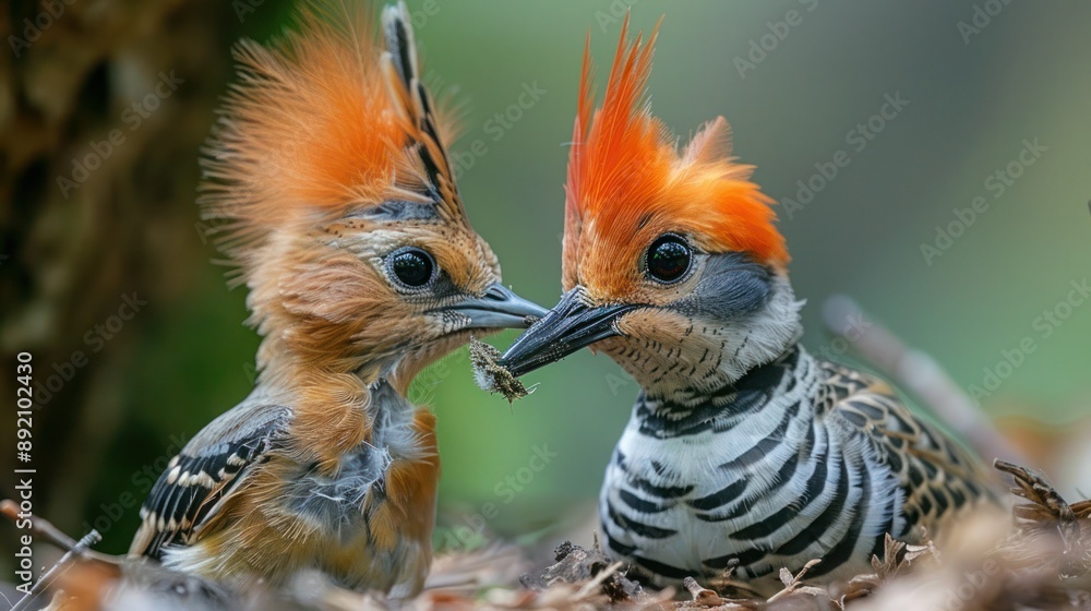 Eurasian Hoopoe Bird Feeding Juvenile Upupa Epops in Natural Habitat Eurasian Hoopoe Bird Feeding Juvenile Upupa Epops in Natural Habitat
