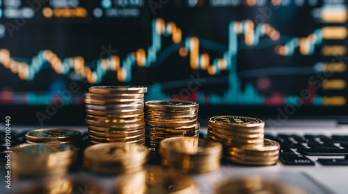 Stacks of Bitcoin and other cryptocurrencies with a digital chart in the background on a laptop computer. This close-up image captures a hand typing, reflecting economics, profit and loss