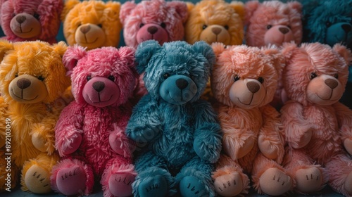 Cuddly Chaos: A Full Frame of Colorful Teddy Bears Squeezing and Squinting in a Playful Pile-Up